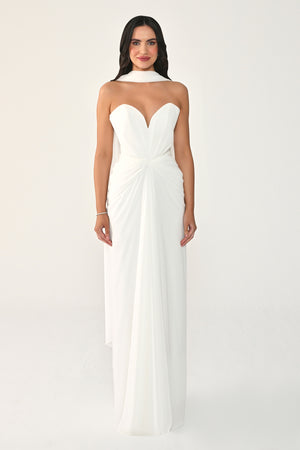 Strapless Shawl-Accessorized Draped Chiffon Long Dress