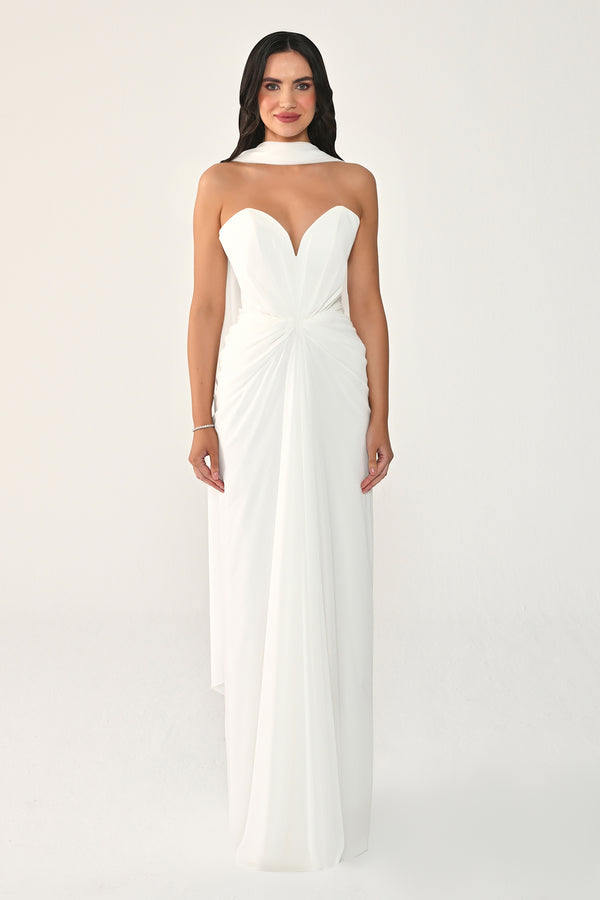 Strapless Shawl-Accessorized Draped Chiffon Long Dress