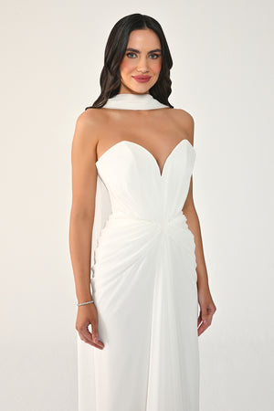 Strapless Shawl-Accessorized Draped Chiffon Long Dress