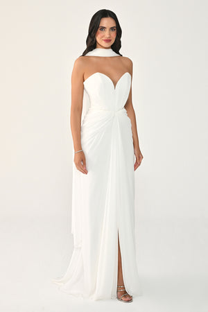 Strapless Shawl-Accessorized Draped Chiffon Long Dress