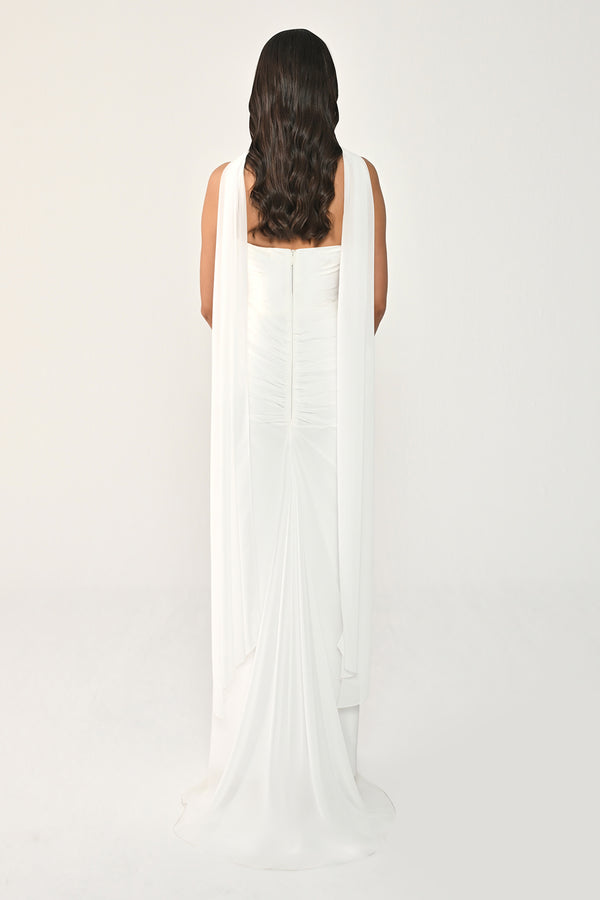 Strapless Shawl-Accessorized Draped Chiffon Long Dress