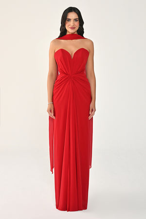 Strapless Shawl-Accessorized Draped Chiffon Long Dress