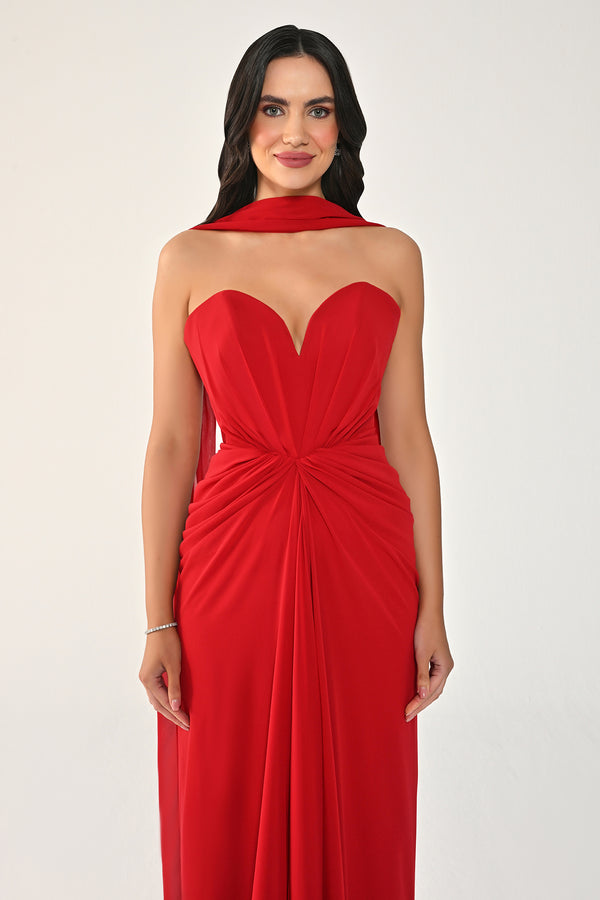 Strapless Shawl-Accessorized Draped Chiffon Long Dress
