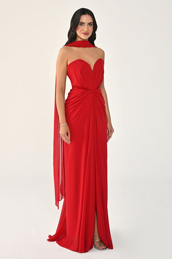 Strapless Shawl-Accessorized Draped Chiffon Long Dress
