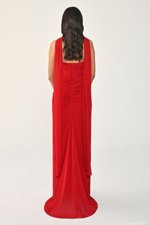 Strapless Shawl-Accessorized Draped Chiffon Long Dress