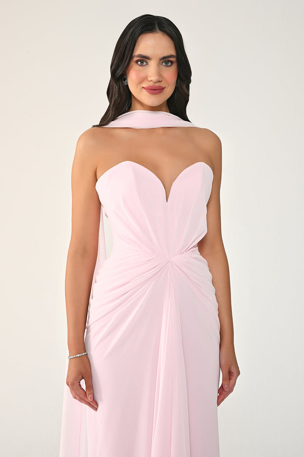 Strapless Shawl-Accessorized Draped Chiffon Long Dress