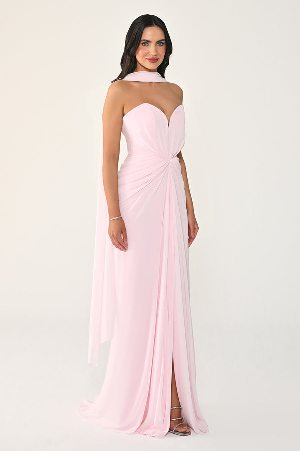 Strapless Shawl-Accessorized Draped Chiffon Long Dress