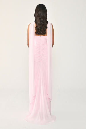 Strapless Shawl-Accessorized Draped Chiffon Long Dress