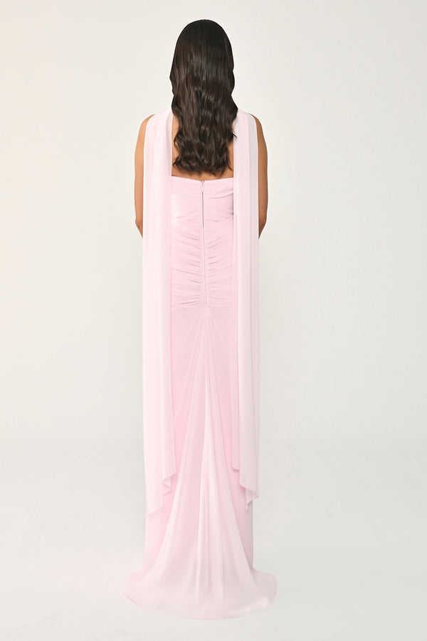 Strapless Shawl-Accessorized Draped Chiffon Long Dress