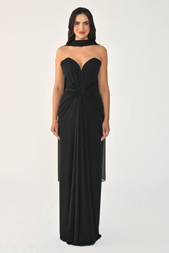 Strapless Shawl-Accessorized Draped Chiffon Long Dress