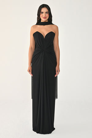 Strapless Shawl-Accessorized Draped Chiffon Long Dress
