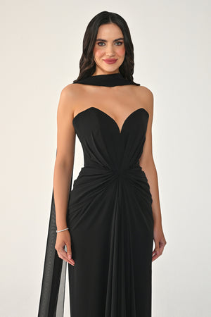Strapless Shawl-Accessorized Draped Chiffon Long Dress