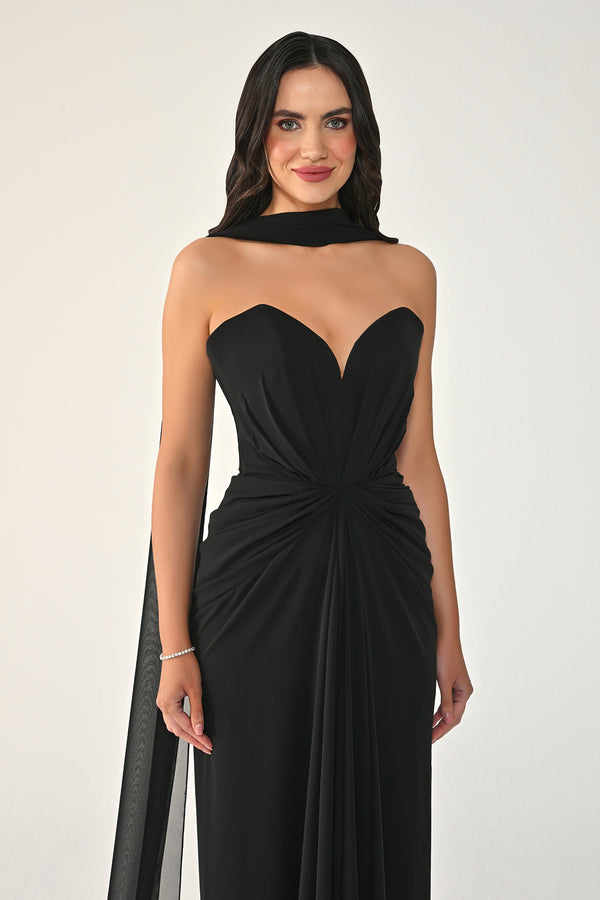 Strapless Shawl-Accessorized Draped Chiffon Long Dress