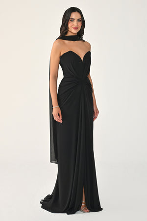 Strapless Shawl-Accessorized Draped Chiffon Long Dress