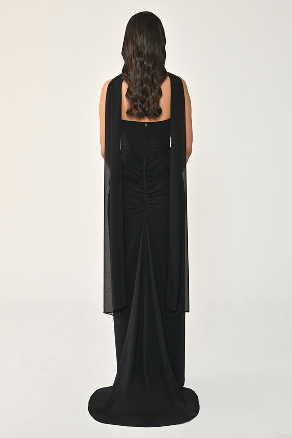 Strapless Shawl-Accessorized Draped Chiffon Long Dress