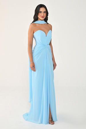 Strapless Shawl-Accessorized Draped Chiffon Long Dress