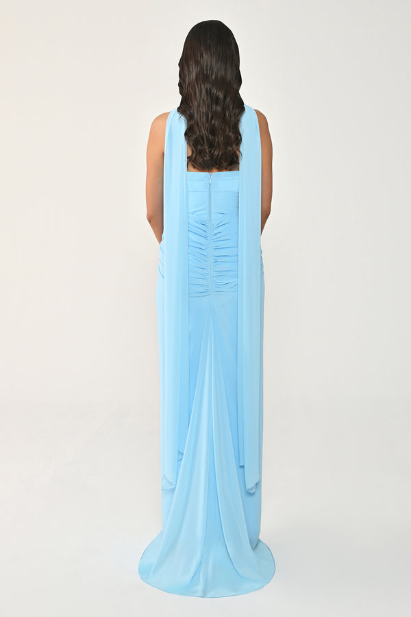 Strapless Shawl-Accessorized Draped Chiffon Long Dress