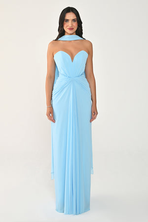 Strapless Shawl-Accessorized Draped Chiffon Long Dress