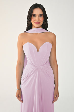 Strapless Shawl-Accessorized Draped Chiffon Long Dress