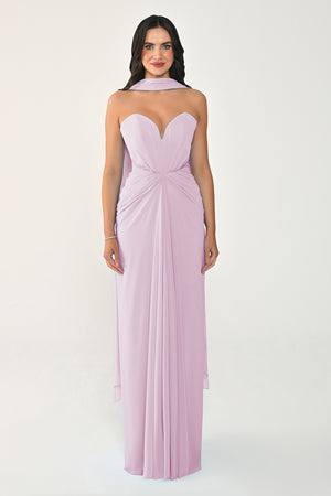 Strapless Shawl-Accessorized Draped Chiffon Long Dress