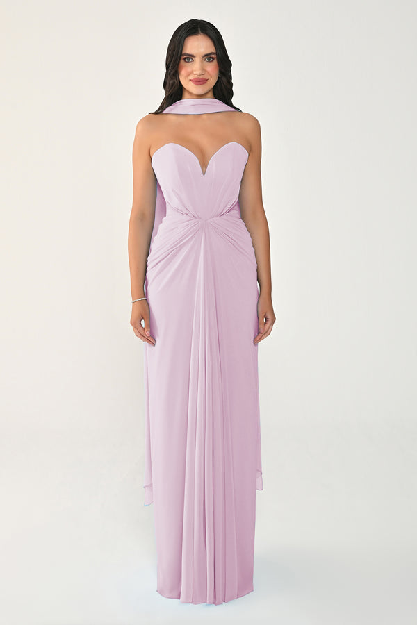 Strapless Shawl-Accessorized Draped Chiffon Long Dress