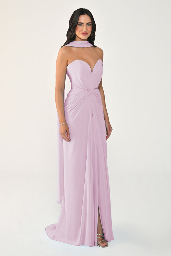 Strapless Shawl-Accessorized Draped Chiffon Long Dress