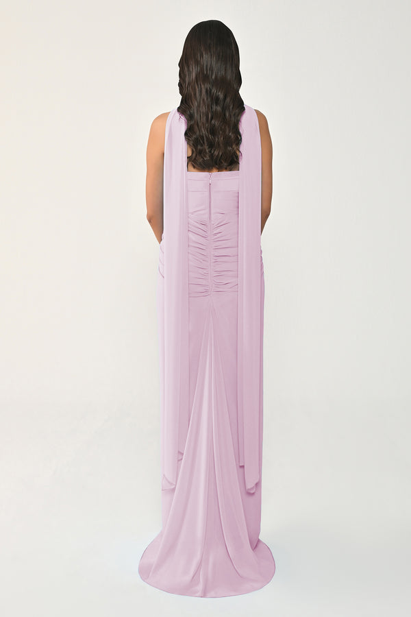 Strapless Shawl-Accessorized Draped Chiffon Long Dress