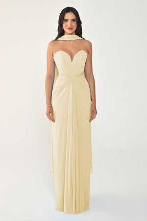 Strapless Shawl-Accessorized Draped Chiffon Long Dress