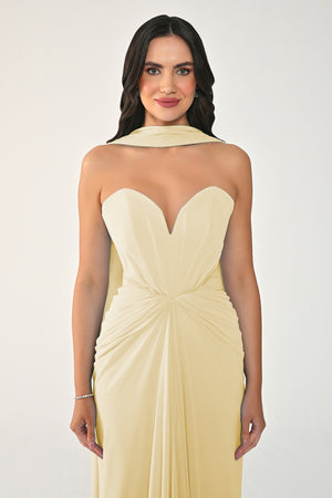 Strapless Shawl-Accessorized Draped Chiffon Long Dress