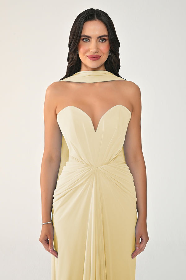 Strapless Shawl-Accessorized Draped Chiffon Long Dress