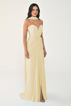 Strapless Shawl-Accessorized Draped Chiffon Long Dress