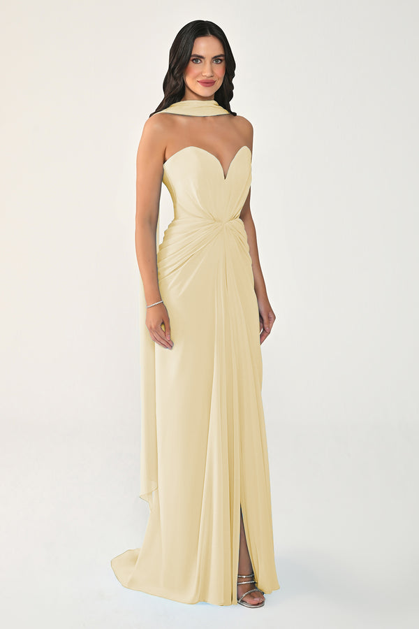 Strapless Shawl-Accessorized Draped Chiffon Long Dress