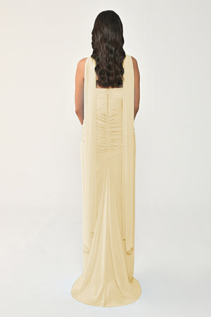 Strapless Shawl-Accessorized Draped Chiffon Long Dress