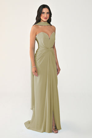 Strapless Shawl-Accessorized Draped Chiffon Long Dress