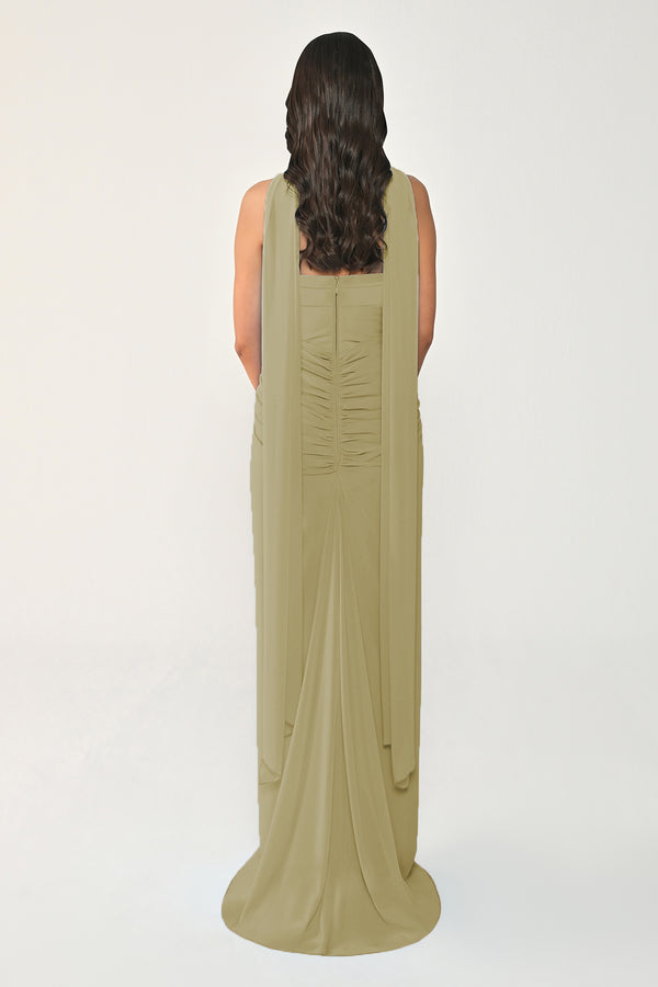Strapless Shawl-Accessorized Draped Chiffon Long Dress
