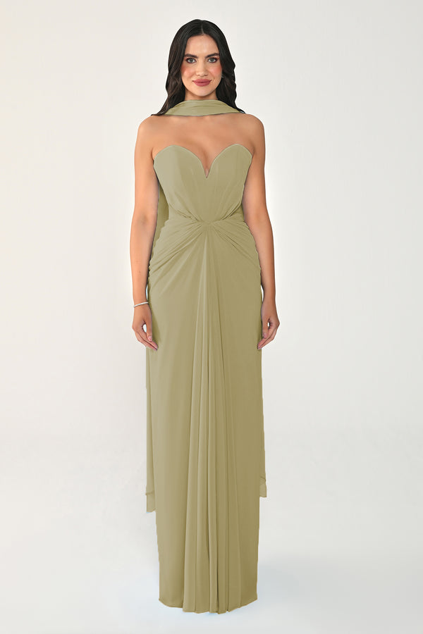 Strapless Shawl-Accessorized Draped Chiffon Long Dress