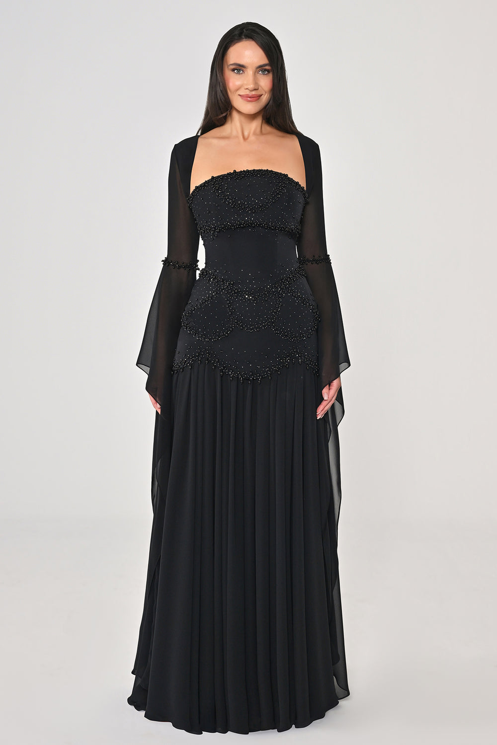 Strapless Shawl Sleeved Beaded Top Crepe Bottom Chiffon Long Dress
