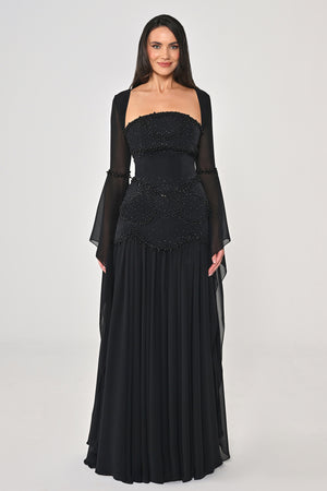 Strapless Shawl Sleeved Beaded Top Crepe Bottom Chiffon Long Dress