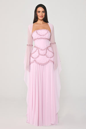 Strapless Shawl Sleeved Beaded Top Crepe Bottom Chiffon Long Dress