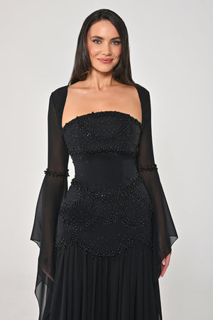 Strapless Shawl Sleeved Beaded Top Crepe Bottom Chiffon Long Dress