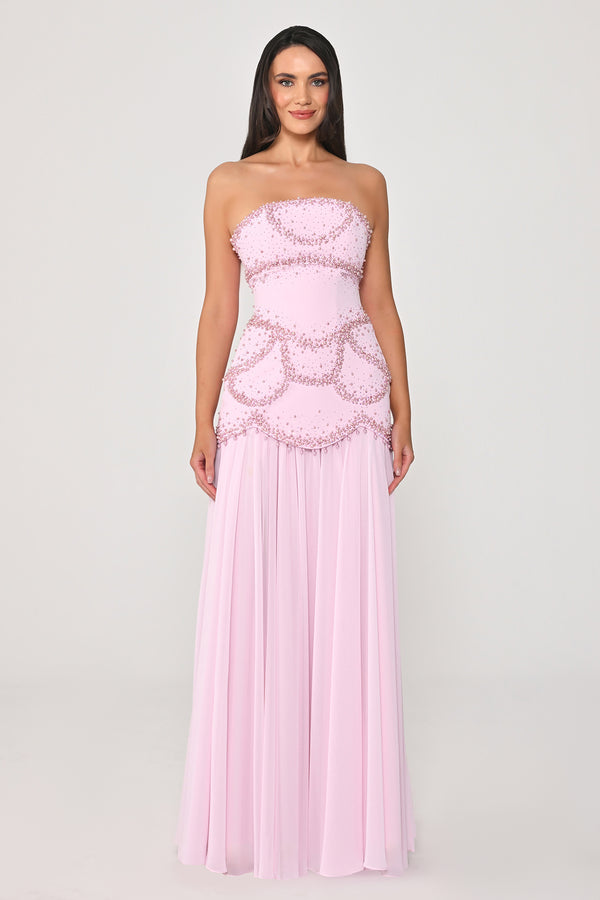 Strapless Shawl Sleeved Beaded Top Crepe Bottom Chiffon Long Dress