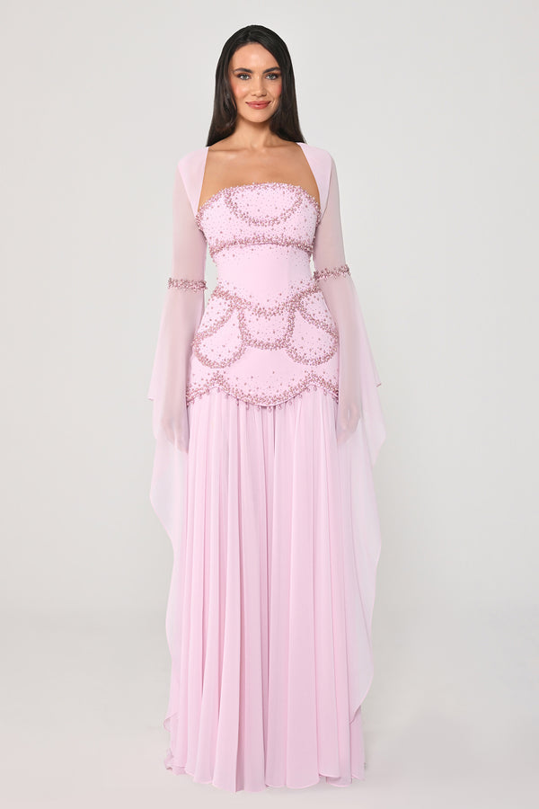 Strapless Shawl Sleeved Beaded Top Crepe Bottom Chiffon Long Dress