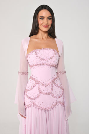 Strapless Shawl Sleeved Beaded Top Crepe Bottom Chiffon Long Dress