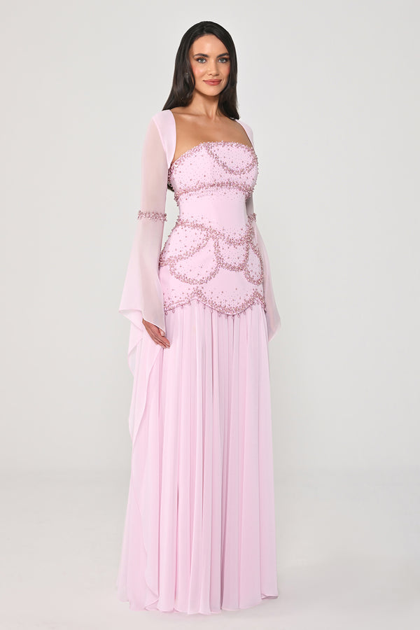 Strapless Shawl Sleeved Beaded Top Crepe Bottom Chiffon Long Dress