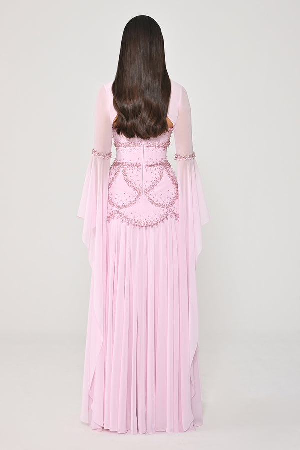 Strapless Shawl Sleeved Beaded Top Crepe Bottom Chiffon Long Dress