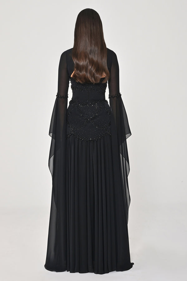 Strapless Shawl Sleeved Beaded Top Crepe Bottom Chiffon Long Dress