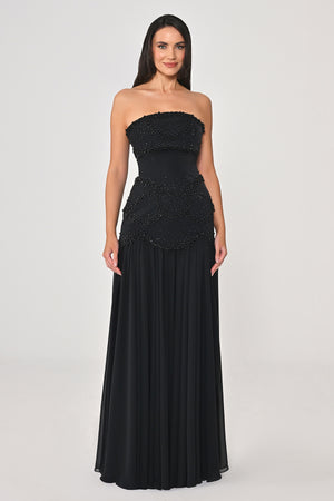 Strapless Shawl Sleeved Beaded Top Crepe Bottom Chiffon Long Dress