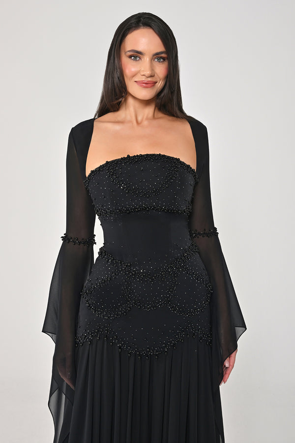 Strapless Shawl Sleeved Beaded Top Crepe Bottom Chiffon Long Dress