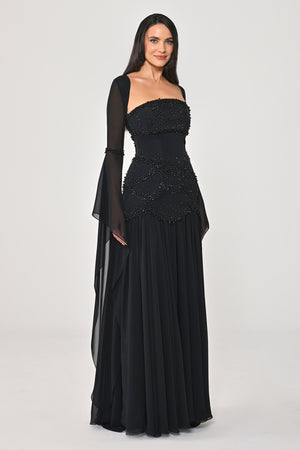 Strapless Shawl Sleeved Beaded Top Crepe Bottom Chiffon Long Dress
