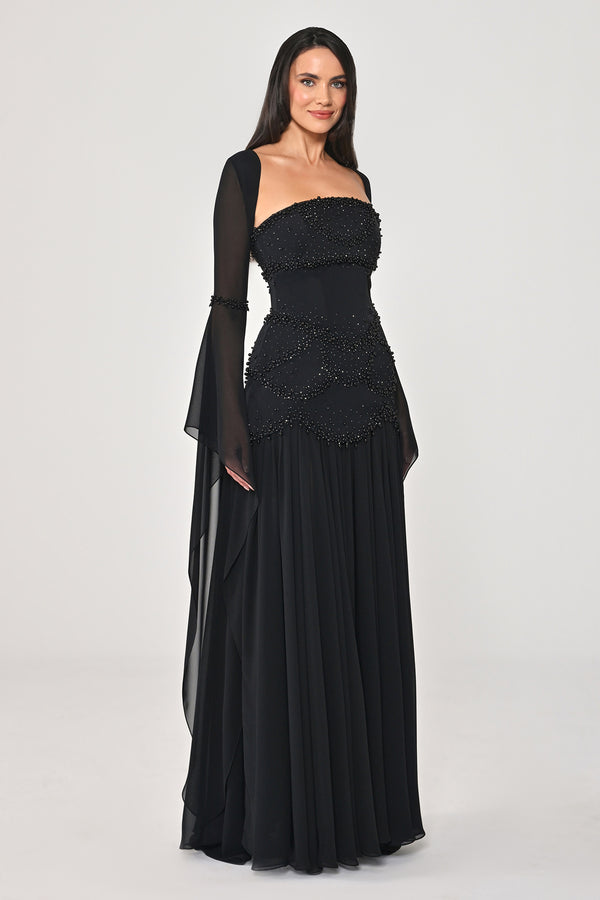 Strapless Shawl Sleeved Beaded Top Crepe Bottom Chiffon Long Dress